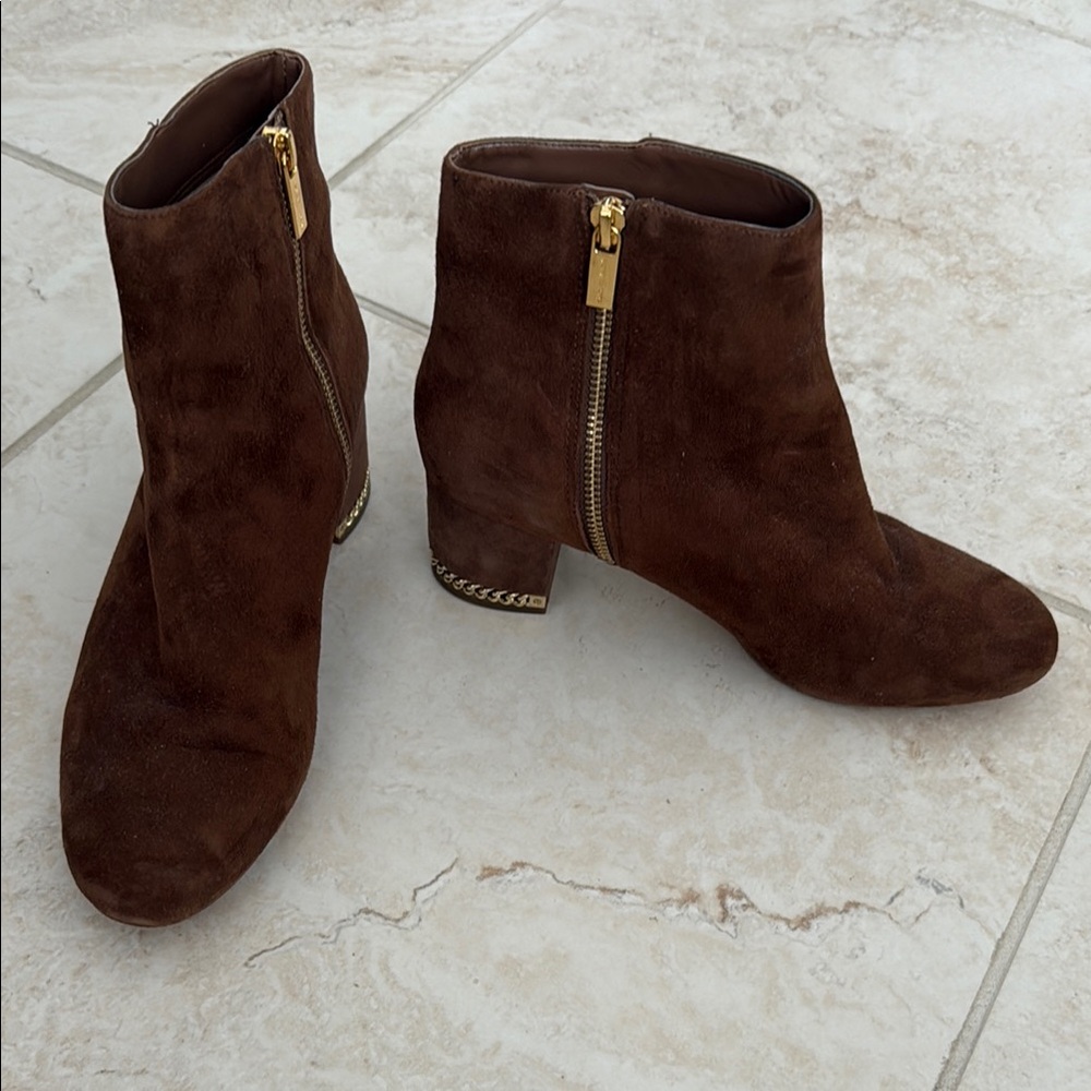 MICHAEL Michael Kors Stunning Brown Suede Leather Ankle Boots with Gold Hardware